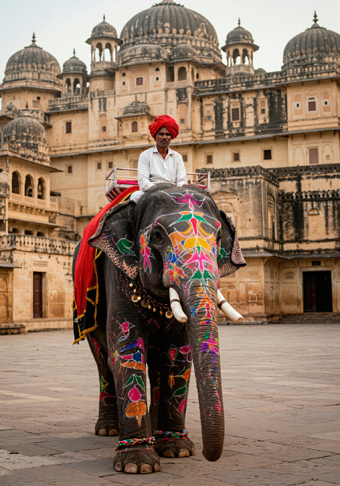 men-sitting-on-elephant-near-fort-in-india